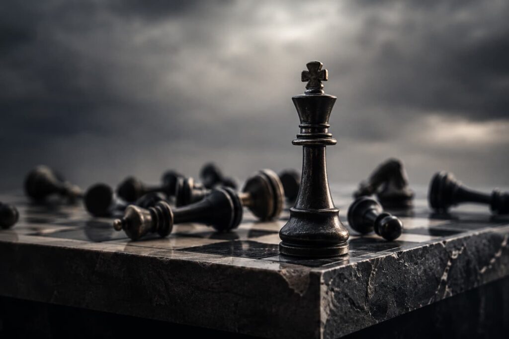 Building Tension Through Consequence — chess king surrounded by fallen pieces representing casino online strategy, irreversible consequences and dramatic tension